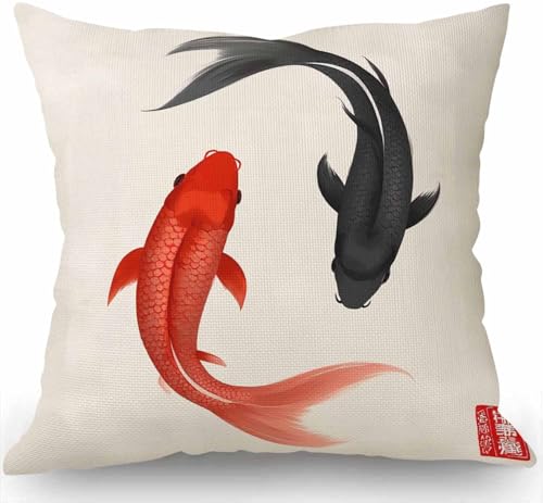Swono Red and Black Koi Carps Hand Drawn with Ink in Traditional Japanese Burlap Throw Pillow Case Cushion Cover Couch Sofa Decorative Square 18x18 inches