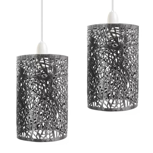 DC VOLTAGE 2 Pack Retro Metal Light Shades, Vintage Style Ceiling Lamp Pendant Shade, Non Electric 25cm Easy Fit Drum Lampshade, Office, Living Room Light Shade with Reducer Ring (Brushed Silver)