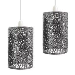 DC VOLTAGE 2 Pack Retro Metal Light Shades, Vintage Style Ceiling Lamp Pendant Shade, Non Electric 25cm Easy Fit Drum Lampshade, Office, Living Room Light Shade with Reducer Ring (Brushed Silver)