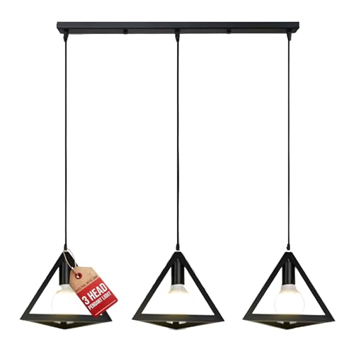 LEDSone 3 Head Vintage Industrial Ceiling Hanging Light Shade Loft Style Metal Triangle Cage Ceiling Pendant Lamp for Kitchen Island, Living Room, Dining Room E27, Black, Triangle