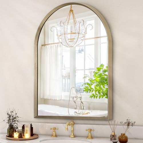 "HLFMVWE Bathroom Arched Wall Mirror Brushed Metal Vanity Wall Mounted Mirror for LivingRoom Bedroom Entryway Room Vanity Home Decor 26""x18"""