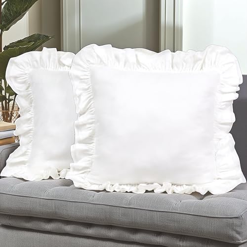 Lemfux White European Pillow Shams Ruffle Pillow Case 18x18 Inches, Set of 2,100% Cotton Ruffle Pillow Shams, Euro Sham Square Cushion Cases Shabby Chic Rustic Vintage Style