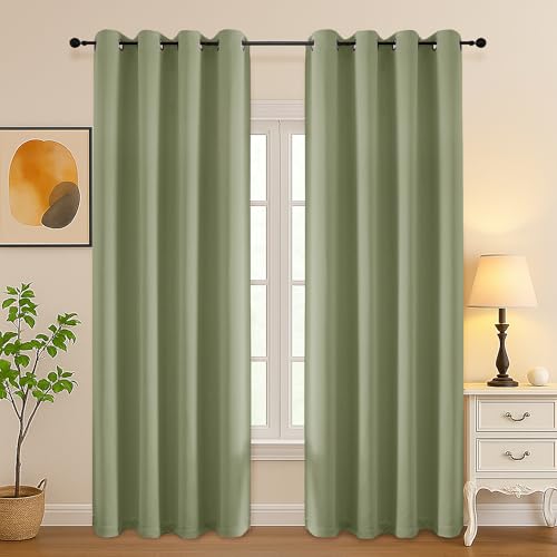 Simplebrand Sage Green Curtains for Bedroom Living Room 90 Inches Long 2 Panels Set, Room Darkening Thermal Insulated Curtains & Drapes, Solid Grommet Noise Reducing Window Treatment, W50 x L90 Inch