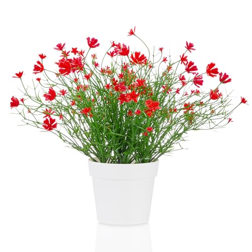 Blafrozzing Artificial Babys Breath Potted Fake Plants with Flowers Faux Plants Indoor for Home Office Bookshelf Table Room Decor (Red)
