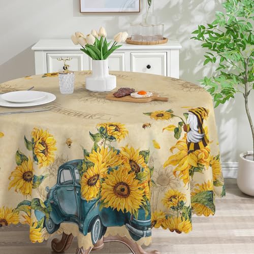 Cusugbaso Sunflower Round Tablecloth 60 inch, Sunflower Decorations for Home, Spring and Summer Waterproof Stain Resistant Yellow Table Cloth Rectangle for Party,Table, Outdoor