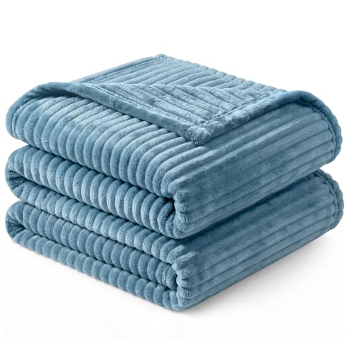 PAVILIA Super Soft Fleece Throw Blanket Twin Dusty Slate Blue, Fuzzy Plush Flannel Throw, Warm Cozy Ribbed Microfiber Blanket for Sofa Couch Bed, Lightweight Striped Blanket, Blue, 60x80