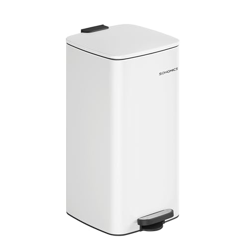 SONGMICS Kitchen Bin, 8-Gallon (30 L) Trash Bin, Steel Pedal Bin, with Inner Bucket, Soft Close and Stays Open, Cloud White LTB593W02