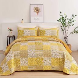 "Mybedsoul Yellow Boho Quilt Set Queen Size,3 Pieces Plaid Floral Bedspread Coverlet Set Summer,Patchwork Reversible Bedding Set Queen 90""x96"""