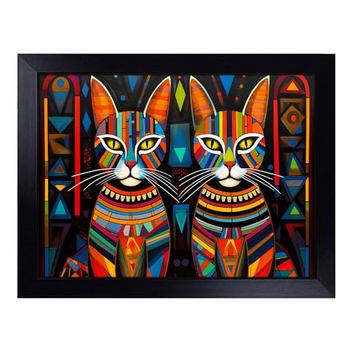 Lap Tray with Bean Bag Cushion, Egyptian Cat Geometric - Handmade in the UK, Raised Wooden Edge, Padded Cushion, Heat-Resistant Wipe-Clean Surface, for Meals, Laptops and Crafts