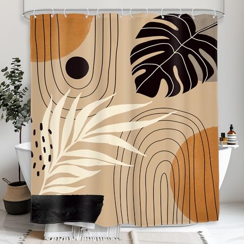 Boho Yellow Black Shower Curtain Mid Century Abstract Bathroom Curtain Set - Bohemian Tropical Palm Leaf Plant Botanical Simple Minimalist 60Wx72L Bathroom Decor Waterproof Fabric with Free Hooks