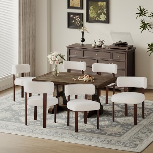 COLAMY Wooden Dining Chairs Set of 6, Fabric Chairs for Dining Room with Open Curved Backrest and Thick Seat Cushion, Upholstered Kitchen Chair with Anti-Slip Pads, Beige