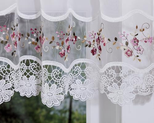 "Today's Curtain, Vintage Macramé Organza Valance 14"", White/Rose, 58"" W x 14"" L"