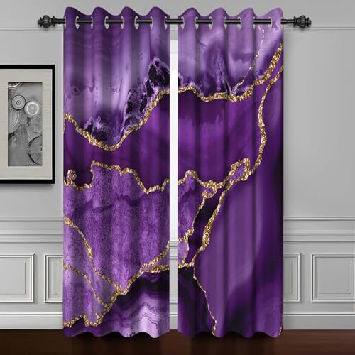 "Purple Gold Luxury Marble Blackout Curtains 96 inch Long,2 Panels 26""Wx96""L - Room Darkening Window Curtains,Polyester Thermal Insulated Drapes,Grommet Window Drapes,for Bedroom Living Room Dining Room"