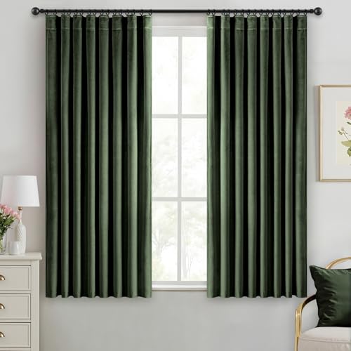 Olive Green Velvet Curtains 45 Inches Long Blackout Thermal Insulated Soundproof Curtain Privacy Room Darkening Curtains Pinch Pleat Window Drapes for Bedroom Living Room 42 x 45 Inch Set of 2