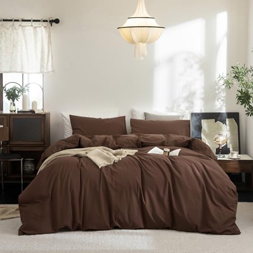 FOSSA Duvet Cover Set 100% Washed Cotton Linen Feel Oversized King - Super Soft Breathable Lightweight & All Season Bedding Set with Hidden Zipper & 8 Corner Ties (Cocoa Brown)
