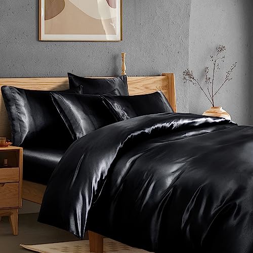 Manyshofu 6Pcs Black Satin Duvet Cover Set Queen Size - Satin Fitted Sheet, Pillowcases, Duvet Cover