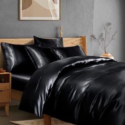 Manyshofu 6Pcs Black Satin Duvet Cover Set Queen Size - Satin Fitted Sheet, Pillowcases, Duvet Cover
