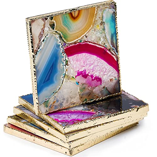 Agate Square Coasters Set of 4, Natural Rainbow Crystal Coaster for Drinks, Geode Square Coasters with Gold Edge, Agate Slice Gemstone Coasters for Home Decor, Agate Coasters for Coffee Table