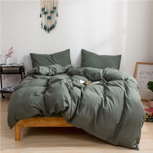 Mucalis Sage Green Duvet Cover Queen 100% Natural Washed Cotton Duvet Cover Set Full 3pc Solid Modern Dark Green Bedding Duvet Cover Set with Zipper Closure Corner Ties,Soft-No Comforter