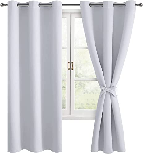 Hiasan Room Darkening Window Curtains for Bedroom, Thermal Insulated, Energy Saving Blackout Curtains, Set of 2 Panels, Sewn with Tiebacks, Grommet Top (Greyish White, Width 38 Inch x Length 63 Inch)