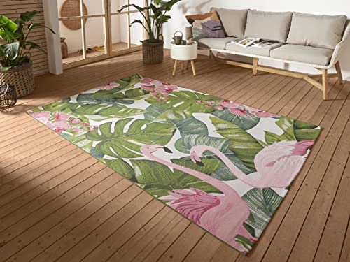 Hanse Home Tropical Flamingo Indoor and Outdoor Rug - Flat Weave, Tropical Jungel Floral Palm Trees Design, Oeko-Tex Weatherproof & UV-Resistant for Balcony, Patio, Garden, Living Room - Colourful,