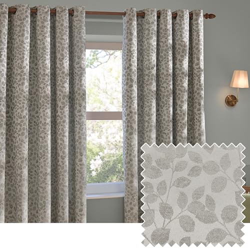 furn. Wylder Grace Leaf Eyelet Curtain Pair – Matt Satin Jacquard Room Darkening Curtains (Mist Grey – Width 229 x Drop 183cm)