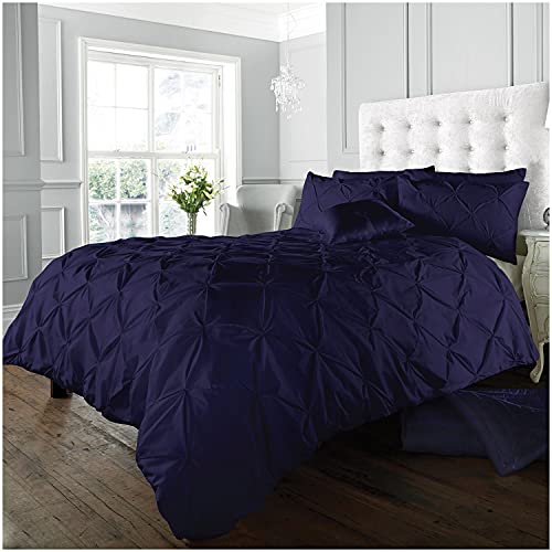GC GAVENO CAVAILIA Pintuck Duvet Cover Double- Geometric Pinch Pleated Quilt Cover Set- Polycotton Diamond Bedding & Linen- Navy