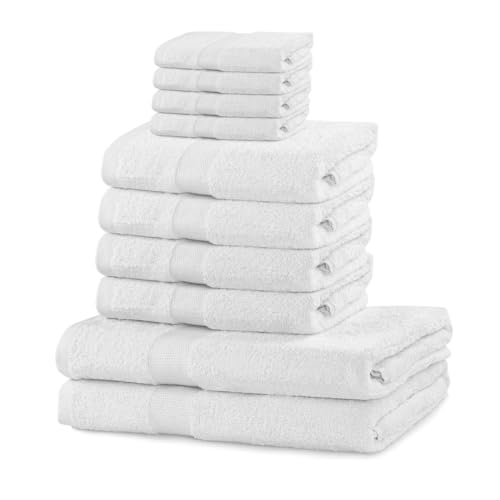 DecoKing Set of 10 Cotton Quality 525 g/m² 4 Guest Towels 30 x 50 cm 4 Hand Towels 50 x 100 cm and 2 Bath Towels 70 x 140 cm White Absorbent Marina