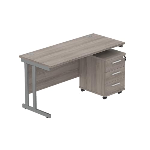 Office Hippo Heavy Duty Contract Grade Office Desk Workstation and Lockable 3-Drawer Pedestal Set, 120kg Weight Tolerance, 5-Year Warranty, FSC Certified, Alaskan Grey Oak, Graphite Legs, 1400 x 600mm