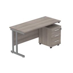 Office Hippo Heavy Duty Contract Grade Office Desk Workstation and Lockable 3-Drawer Pedestal Set, 120kg Weight Tolerance, 5-Year Warranty, FSC Certified, Alaskan Grey Oak, Graphite Legs, 1400 x 600mm