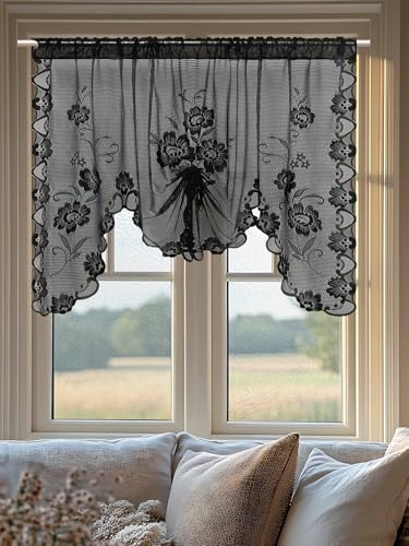 Jayla Black Semi-Sheer Floral Lace Curtain Swag for Kitchen Half Window Bathroom Decoration Rod Pocket,39 x 39 Inch, 1 Panel
