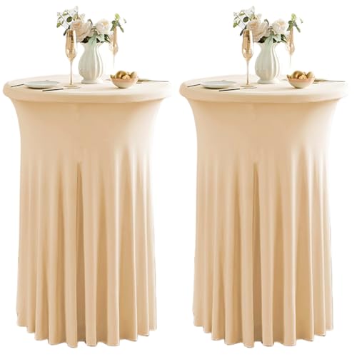 "Qubjus 2 Pack Round Cocktail Table Covers with Skirt Stretch Spandex Tablecloth 24""x43"" Cocktail Round Tablecloth for Party Wedding Birthday Banquet, Champagne"