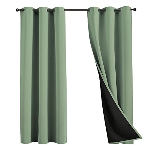 JSFLY 100% Blackout Curtains 54 inch Length for Bedroom, Thick Noise Reduction Thermal Insulated Grommet Window Drapes Room Darkening Curtains for Living Room, 2 Panels (42x54 inches,Greyish Green)