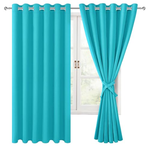 Hiasan Grommet Blackout Curtains for Bedroom, 70 x 63 Inches - Thermal Insulated & Light Blocking Window Drapes for Living Room/Dorm Room, Set of 2 Panels Sewn with Tiebacks, Turquoise