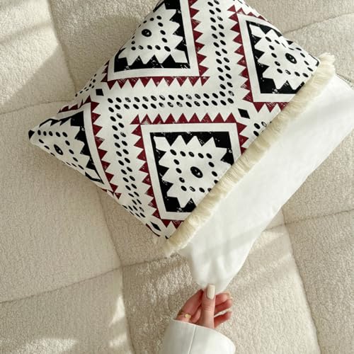 ROOM99 Soho 40 x 40 cm Decorative Cushion Cover Aesthetic Modern Bedroom Living Room Boho Cotton with Fringes Ecru 1 Piece