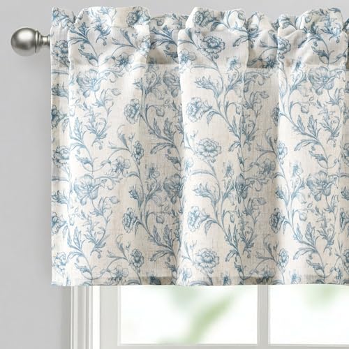 JIUZHEN Thick Textured Linen Floral Valance for Kitchen/Living Room/Bedroom???Rod Pocket French Farmhouse Light-Filtering Valance Curtain???Blue Peony???52 x 18 Inches,1 Panel