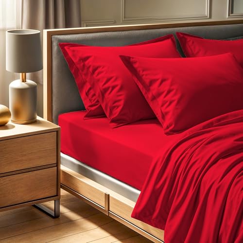 Premium Red Ranforce Single Fitted Sheet (90 x 200 + 30 cm) - 100% Cotton, 145 Thread Count - Machine Washable at 30°C - Soft & Durable Bedding