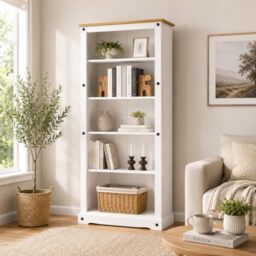 Corona White Tall Large Bookcase Mexican Solid Pine Wood with Whitewash Finish