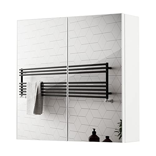 Meerveil Bathroom Mirror Cabinet, Wall-mounted Storage Cabinet with 2 Doors 2 Shelves Wooden Modern Style for Bathroom, 45 x 13 x 45 cm, White