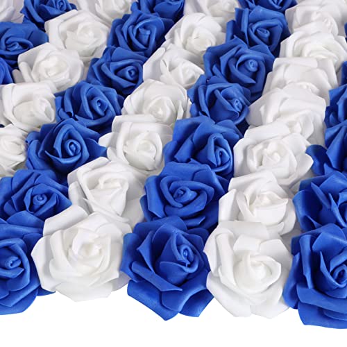 INSUNSIX 100pcs Royal Blue Artificial Rose Flower Heads, 3inch White Foam Roses Bulk Stemless Fake Flower Heads for DIY Crafts,Cake Decoration Wedding,Baby Shower Flower Centerpieces(Blue White)