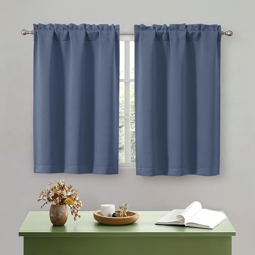 "OWENIE Denim Blue Kitchen Curtains 36 Inch Length, Short Blackout Small Thermal Insulated Curtains Tier Over Sink Rod Pocket Half Window for Bathroom Bedroom Camper RV Bunk, 2 Panels, Each 30"" Wx36 L"