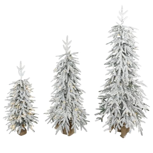HOMCOM Prelit Flocked Artificial Christmas Tree Set of 3 (3FT+4FT+5FT) - Snowy Xmas Tree with PE Tips, Warm White LED Lights, 8 Modes, Space Saving Slim Pencil Xmas Decoration Tree