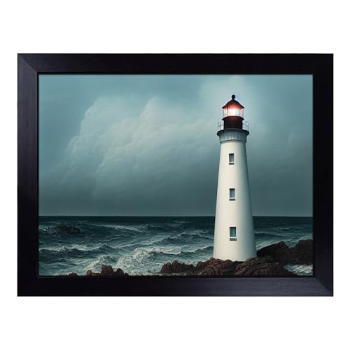 Lap Tray with Bean Bag Cushion, Compelling Lighthouse - Handmade in the UK, Raised Wooden Edge, Padded Cushion, Heat-Resistant Wipe-Clean Surface, for Meals, Laptops and Crafts