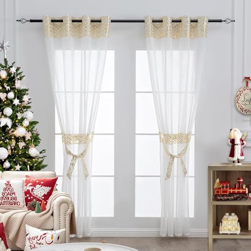 L.Z.E Gold and White Sheer Curtains 84 Inches Long for Living Room, Gold Foil Printed See Through Window Curtains for Dining Room, Light Filtering Drapes Grommet Top 2 Panels Set