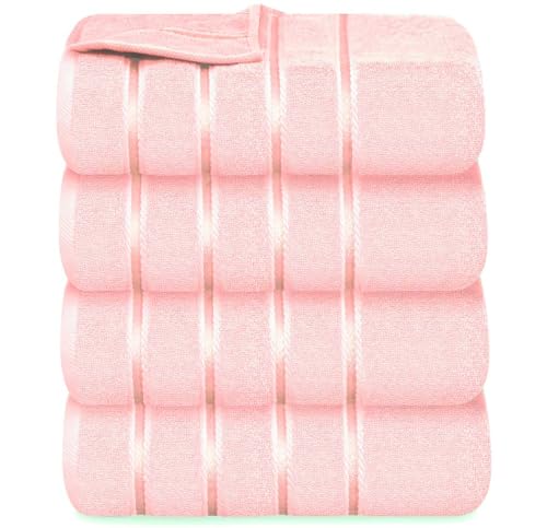 YRALY Luxury Bath Towels Set of 4-27x54 Inches 600GSM 100% Cotton Ring Spun - Daily Use Highly Absorbent Viscose Stripe Bath Towel Sets for Bathroom, Hotel, Spa (Light Pink)