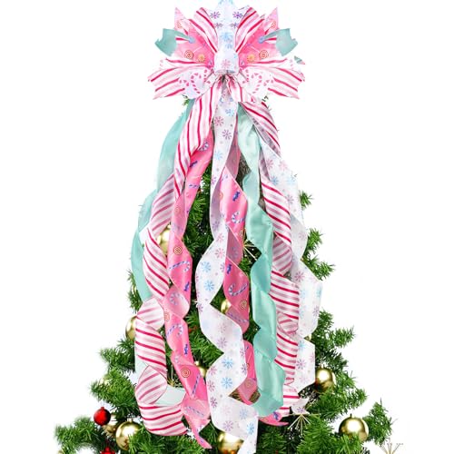 FineCheer Pastel Christmas Tree Topper Wreath Large Candy Gift Bow for Xmas Ornament Family Wedding Thanksgiving Indoor Outdoor Decoration 44.9x11.8 Inch