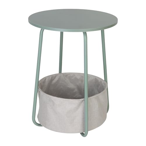 Relaxdays Round Coffee & Side Table with Fabric Basket, H 50 x D 40 cm, MDF & Metal, Mint/Grey