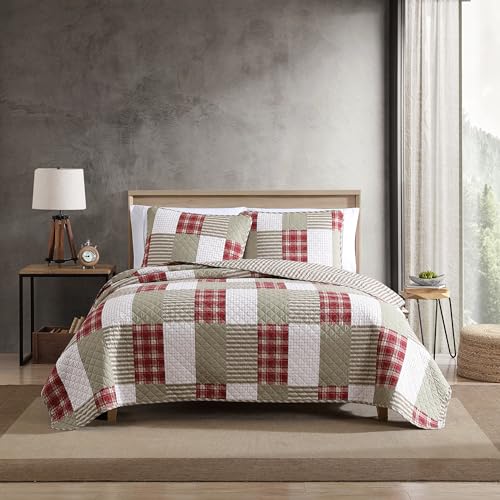 Eddie Bauer - 100% Cotton Reversible & Light-Weight Quilt Bedspread with Matching Shams, 3-Piece Bedding Set, Pre-Washed for Extra Comfort, Camano Island Red, Queen