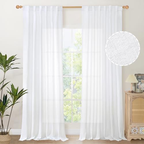 YoungsTex White Linen Semi Sheer Curtains 95 Inches Long, Light Filtering Drapes with Rod Pocket Back Tab Floor Length for Bedroom Living Room Window, 52 X 95 Inch, 2 Panels