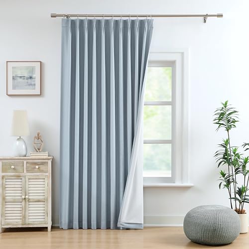 "WEST LAKE Bailey Pinch Pleat Blackout Curtains with Liner 112 Inches Long - Dusty Blue Modern Textured Drapes for Bedroom Living Room,Thermal Insulated Window Treatment,60""Wx112""L,1 Panel"